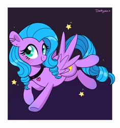 Size: 3100x3300 | Tagged: safe, artist:darkynez, oc, oc only, pegasus, pony, choker, flying, heart, high res, looking at you, smiling, solo, spread wings, stars, wings