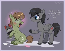 Size: 3400x2700 | Tagged: safe, artist:darkynez, oc, oc only, earth pony, pegasus, pony, dialogue, happy, high res, plushie, sitting, unamused, unshorn fetlocks