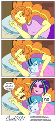 Size: 1280x2748 | Tagged: safe, artist:crock2121, adagio dazzle, aria blaze, sonata dusk, human, equestria girls, equestria girls series, g4, annoyed, bed, comic, cuddle puddle, cuddling, cute, dialogue, female, open mouth, pillow, pony pile, siblings, sisters, sleeping, sonatabetes, teeth, the dazzlings