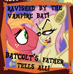 Size: 435x440 | Tagged: safe, artist:brutamod, edit, big macintosh, fluttershy, bat pony, earth pony, pony, g4, bat ponified, bedroom eyes, cropped, fangs, female, flutterbat, forked tongue, implied pregnancy, looking at each other, looking at someone, male, race swap, ship:fluttermac, shipping, smiling, straight, text, tongue out, wavy mouth