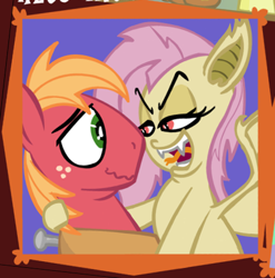 Size: 435x440 | Tagged: safe, alternate version, artist:brutamod, edit, big macintosh, fluttershy, bat pony, earth pony, pony, g4, bat ponified, bedroom eyes, cropped, fangs, female, flutterbat, forked tongue, hoof around neck, looking at each other, looking at someone, male, race swap, ship:fluttermac, shipping, smiling, stallion, straight, textless, textless edit, tongue out, wavy mouth