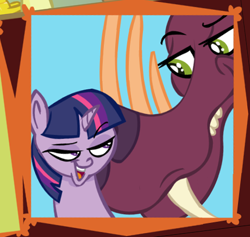 Size: 460x436 | Tagged: safe, alternate version, artist:brutamod, edit, twilight sparkle, alicorn, pony, tri-horned bunyip, g4, bedroom eyes, crack shipping, cropped, female, interspecies, looking at each other, looking at someone, mare, shipping, text, textless, textless edit, twilight sparkle (alicorn)