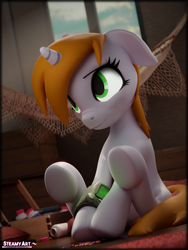 Size: 2880x3840 | Tagged: safe, artist:steamyart, oc, oc only, oc:littlepip, pony, unicorn, fallout equestria, 3d, blender, cute, drugs, female, floppy ears, high res, looking up, mare, pills, pipbuck, sitting, solo