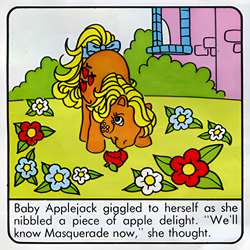 Size: 880x880 | Tagged: safe, official comic, baby applejack, earth pony, pony, g1, my little pony spring special 1986, my little pony vol. 1, baby, baby pony, bow, female, filly, foal, scan, solo, tail, tail bow, the easter party, upscaled