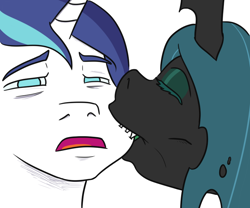 Size: 806x672 | Tagged: safe, artist:jargon scott, queen chrysalis, shining armor, changeling, changeling queen, pony, unicorn, g4, affectionate biting, biting, bust, duo, eyes closed, female, infidelity, love bite, male, no pupils, open mouth, sharp teeth, ship:shining chrysalis, shipping, simple background, stallion, straight, teeth, white background