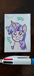 Size: 1024x2273 | Tagged: safe, artist:redapropos, twilight sparkle, alicorn, pony, g4, bic pen, book, bust, emanata, female, irl, mare, pen, pen drawing, pen sketch, photo, portrait, sketch, smiling, solo, that pony sure does love books, traditional art, wat, wat in the description