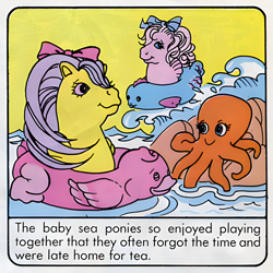 Size: 900x900 | Tagged: safe, official comic, sea star, surf rider, octopus, sea pony, g1, my little pony vol. 1, my little pony vol. 1 #18, official, baby, baby sea ponies, bow, female, first world problems, floaty, hair bow, pool toy, scan, the strange shell, trio, upscaled