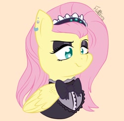 Size: 2115x2065 | Tagged: safe, artist:flutterbug18, fluttershy, pegasus, pony, g4, bust, ear piercing, earring, eyeshadow, female, fluttergoth, headdress, high res, jewelry, makeup, mare, orange background, piercing, signature, simple background, solo