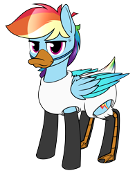 Size: 3200x4100 | Tagged: safe, artist:dacaoo, rainbow dash, bird, duck, pegasus, pony, g4, clothes, costume, cross-popping veins, emanata, mask, rainbow dash is not amused, rainbow duck, simple background, socks, solo, stockings, thigh highs, transparent background, unamused