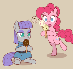 Size: 1600x1500 | Tagged: safe, artist:sazanamibd, maud pie, pinkie pie, earth pony, pony, accident, bipedal, dropping, duo, duo female, female, food, ice cream, ice cream cone, licking, mare, moments before disaster, simple background, tan background, tongue out