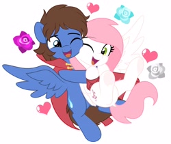 Size: 4096x3450 | Tagged: safe, artist:jhayarr23, oc, oc only, oc:bizarre song, oc:sugar morning, pegasus, pony, female, happy, heart, hug, hug from behind, male, mare, oc x oc, one eye closed, shipping, simple background, spread wings, stallion, straight, sugarre, white background, wings