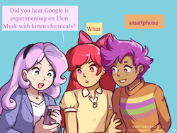 Size: 1280x960 | Tagged: safe, artist:smartasticalart, apple bloom, scootaloo, sweetie belle, human, g4, apple bloom's bow, bow, cellphone, cutie mark crusaders, dialogue, google experimenting on elon musk with kitten chemicals, hair bow, humanized, light blue background, meme, phone, ponymagnets, simple background, smartphone, speech bubble