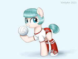Size: 1072x812 | Tagged: safe, artist:vinilyart, oc, oc only, oc:adis, earth pony, pony, ball, clothes, converse, female, grin, hairclip, holding, hoof shoes, looking at you, mare, not coco, shirt, shoes, shorts, simple background, smiling, sneakers, socks, solo, sports, sports outfit, sports shorts, volleyball, white background