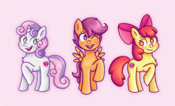 Size: 1000x609 | Tagged: dead source, safe, artist:memethyst-art, apple bloom, scootaloo, sweetie belle, earth pony, pegasus, pony, unicorn, g4, apple bloom's bow, bow, cutie mark crusaders, female, filly, foal, hair bow, one eye closed, open mouth, open smile, pink background, raised hoof, simple background, smiling, wink
