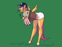 Size: 1188x904 | Tagged: safe, artist:brutamod, scootaloo, pegasus, anthro, unguligrade anthro, g4, 2021, arm hooves, baseball cap, baseball jersey, bent over, cap, cigar, clothes, female, green background, hat, lectern, mare, mouth hold, old art, older, older scootaloo, sideburns, simple background, spread wings, uniform, wings