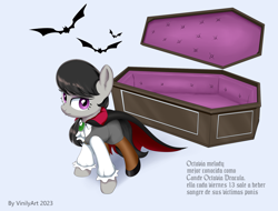 Size: 2092x1588 | Tagged: safe, artist:vinilyart, octavia melody, bat, pony, undead, vampire, vampony, g4, cape, clothes, coffin, dracula, eyebrows, eyebrows visible through hair, fangs, female, lavender background, looking at you, mare, simple background, solo, spanish, text, translated in the description