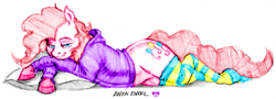 Size: 1011x364 | Tagged: safe, artist:baron engel, color edit, edit, editor:raccoon, pinkie pie, earth pony, pony, g4, bedroom eyes, clothes, colored, female, hoodie, lying down, pencil drawing, prone, simple background, sketch, smiling, socks, solo, sploot, stockings, striped socks, thigh highs, traditional art, white background