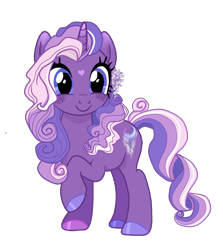 Size: 1331x1495 | Tagged: safe, artist:vernorexia, wysteria, pony, unicorn, g3, g4, alternate cutie mark, alternate design, alternate hairstyle, blue eyes, blushing, coat markings, colored hooves, curly hair, curly tail, cute, daaaaaaaaaaaw, facial markings, female, flower, flower in hair, g3 to g4, generation leap, gradient ears, gradient horn, heart, heart mark, hooves, horn, mare, princess wysteria, purple coat, race swap, raised hoof, redesign, show accurate, simple background, solo, star (coat marking), tail, transparent background, wisteria, wysteriadorable