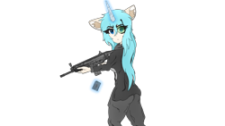 Size: 3840x2160 | Tagged: safe, artist:straighttothepointstudio, oc, oc only, unicorn, anthro, g5, 4k, anime, anthro oc, assault rifle, blue eyes, blue hair, clothes, digital art, ear fluff, eyebrows, female, fn scar, frown, glowing, glowing horn, gun, high res, horn, jacket, levitation, long hair, looking back, magic, pants, reloading, rifle, simple background, solo, telekinesis, transparent background, unicorn oc, visor, weapon, wrinkles