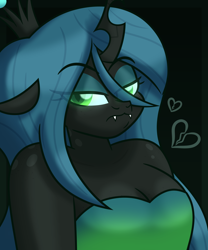 Size: 4320x5200 | Tagged: safe, artist:iceflower99, queen chrysalis, anthro, boob freckles, breasts, broken hearts, busty queen chrysalis, chest freckles, clothes, crown, dark background, dress, eye clipping through hair, fangs, freckles, green eyes, jewelry, regalia, shoulder freckles, simple background, video at source, video in description