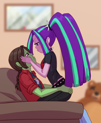 Size: 2668x3220 | Tagged: safe, artist:carnifex, aria blaze, oc, oc:tokamak, human, comic:we will be adored, equestria girls, g4, canon x oc, cheek squish, duo, female, high res, humanized, looking at each other, looking at someone, male, shipping, sitting on lap, squishy cheeks, straddling, straight, tokamaria