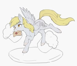 Size: 677x579 | Tagged: safe, artist:dundundun, derpy hooves, pegasus, pony, g4, food, letter, mouth hold, muffin, simple background, solo, spread wings, white background, wings