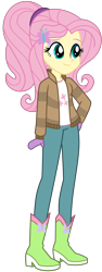Size: 3688x9810 | Tagged: safe, artist:emeraldblast63, fluttershy, human, equestria girls, g4, absurd resolution, alternate hairstyle, butterfly hairpin, clothes, eyebrows, eyeshadow, female, hairpin, hand on hip, jacket, makeup, mittens, simple background, smiling, solo, transparent background