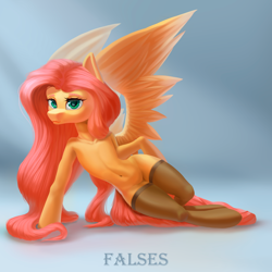 Size: 2000x2000 | Tagged: safe, artist:falses, fluttershy, pony, semi-anthro, g4, adorasexy, arm hooves, bedroom eyes, belly, belly button, clothes, collarbone, cute, digital art, eyelashes, eyes open, female, high res, human shoulders, humanoid torso, legs, legs together, lineless, looking at you, mare, sexy, shading, shyabetes, slender, socks, solo, spread wings, spreading, stockings, tail, thigh highs, thighs, thin, wide hips, wings