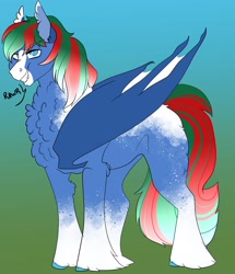 Size: 1760x2048 | Tagged: safe, artist:inisealga, oc, oc only, oc:bacon hoodie, bat pony, pony, bat wings, chest fluff, coat markings, dialogue, facial markings, gradient background, male, markings, multicolored hair, multicolored mane, multicolored tail, neck fluff, rawr, socks (coat markings), solo, stallion, tail, text, wings