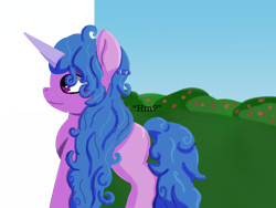 Size: 2048x1536 | Tagged: safe, artist:php176, derpibooru exclusive, izzy moonbow, pony, unicorn, g5, bush, curious, curly hair, curly mane, curly tail, dialogue, female, grass, hmm, lineless, mare, random, random pony, shading, side view, silly, silly pony, smiling, solo, tail, text