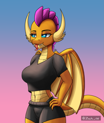Size: 1383x1640 | Tagged: dead source, safe, artist:zachc, smolder, dragon, anthro, g4, :p, belly button, breasts, busty smolder, clothes, dragoness, fangs, female, gradient background, hand on hip, lizard breasts, midriff, panty straps, short shirt, shorts, solo, stupid sexy smolder, tongue out
