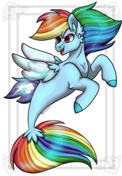 Size: 4176x6000 | Tagged: safe, artist:daynaskully, rainbow dash, pegasus, pony, seapony (g4), g4, absurd resolution, cloven hooves, cute, digital art, dorsal fin, ear fluff, female, fin wings, fins, fish tail, flowing mane, flowing tail, mare, mermay, multicolored hair, multicolored tail, open mouth, open smile, pink eyes, seaponified, seapony rainbow dash, signature, simple background, smiling, solo, species swap, speedpaint, tail, white background, wings