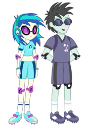Size: 2048x2912 | Tagged: safe, artist:rj-streak, edit, vector edit, dj pon-3, neon lights, rising star, vinyl scratch, human, equestria girls, g4, belly button, clothes, duo, elbow pads, female, headphones, high res, knee pads, male, mario strikers, midriff, ship:vinylights, shipping, simple background, soccer shoes, socks, straight, sunglasses, super mario strikers, transparent background, vector