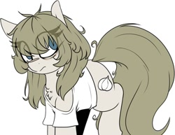 Size: 1050x812 | Tagged: safe, artist:lockheart, oc, oc only, oc:clove, earth pony, pony, bags under eyes, chest fluff, clothes, eye clipping through hair, female, mare, no pupils, shirt, simple background, solo, t-shirt, white background, white shirt