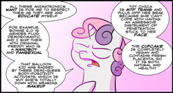 Size: 1024x548 | Tagged: safe, artist:catfood-mcfly, sweetie belle, pony, unicorn, bust, female, filly, five nights at freddy's, foal, fury belle, headcanon, social justice warrior, solo, speech bubble, wat