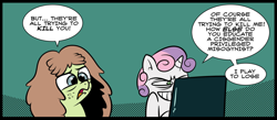 Size: 1024x447 | Tagged: safe, artist:catfood-mcfly, sweetie belle, oc, oc:candy skies, oc:checked privilege, pony, unicorn, confused, dialogue, duo, female, five nights at freddy's, fury belle, misandry, missing the point, scrunchy face, speech bubble, video game, wat
