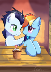 Size: 1240x1754 | Tagged: safe, artist:celedash, rainbow dash, soarin', pegasus, pony, blushing, dinner, duo, female, looking at each other, looking at someone, male, mare, romance, shipping, soarindash, stallion, straight