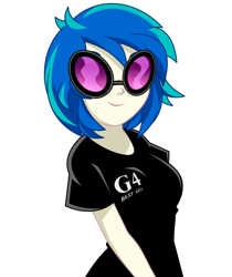 Size: 968x1150 | Tagged: safe, artist:rosemile mulberry, dj pon-3, vinyl scratch, human, equestria girls, black shirt, female, simple background, smiling, solo, white background