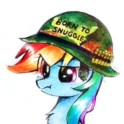 Size: 1491x1491 | Tagged: safe, artist:liaaqila, rainbow dash, pegasus, pony, born to kill, bullet, bust, chest fluff, commission, cute, dashabetes, eye clipping through hair, female, full metal jacket, helmet, implied snuggling, mare, portrait, rainbow dash is not amused, scrunchy face, simple background, solo, traditional art, unamused, white background