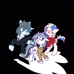 Size: 1920x1920 | Tagged: artist needed, source needed, safe, oc, oc only, oc:atom willing, oc:ethan olivercine, oc:yvonne.k waverhoof, earth pony, pony, unicorn, black background, clothes, female, hoodie, male, mare, simple background, suit, trio