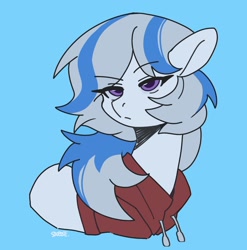 Size: 1910x1932 | Tagged: artist needed, source needed, safe, oc, oc only, oc:yvonne.k waverhoof, earth pony, pony, blue background, clothes, cyan background, earth pony oc, female, hoodie, mare, simple background, solo