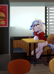Size: 1530x2094 | Tagged: source needed, safe, artist:taneysha, oc, oc only, oc:yvonne.k waverhoof, earth pony, pony, burger, clothes, fast food, female, food, french fries, hoodie, sitting, solo