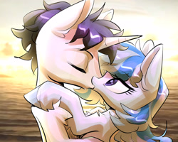 Size: 2953x2362 | Tagged: safe, artist:castle bravo, derpibooru exclusive, oc, oc only, oc:ethan olivercine, oc:yvonne.k waverhoof, earth pony, pony, unicorn, duo, female, high res, kiss on the lips, kissing, unshorn fetlocks