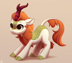 Size: 2300x2000 | Tagged: safe, artist:luminousdazzle, autumn blaze, kirin, cloven hooves, cute, female, looking up, scales, simple background, smiling, solo, stretching