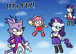 Size: 1684x1191 | Tagged: source needed, safe, artist:xxlpanda, rarity, twilight sparkle, cat, hedgehog, unicorn, anthro, amy rose, blaze the cat, floating, flying, hand on hip, jetpack, sky, sky background, sonic the hedgehog (series), unicorn twilight, waving