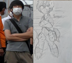 Size: 3222x2792 | Tagged: safe, artist:rony, oc, oc only, oc:yamagami, human, semi-anthro, arm hooves, bag, crossed arms, face mask, glasses, high res, irl, irl human, mask, pencil drawing, photo, shoulder bag, tetsuya yamagami, traditional art