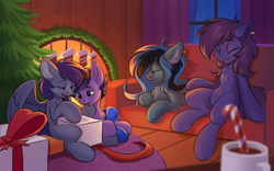 Size: 2983x1862 | Tagged: safe, artist:kittytitikitty, oc, oc only, oc:luny, oc:pestyskillengton, pegasus, pony, belly, candy, candy cane, child, christmas, christmas stocking, christmas tree, couch, depth of field, female, fireplace, foal, food, high res, holiday, lesbian, pegasus oc, present, tree, window