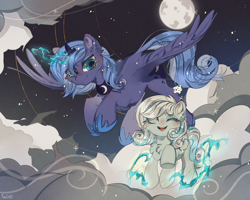 Size: 2500x2000 | Tagged: safe, artist:kefirro7, princess luna, oc, oc:snowdrop, alicorn, pegasus, pony, g4, cheek fluff, chest fluff, cloud, crown, cute, duo, duo female, ear fluff, female, filly, flying, foal, glowing, glowing horn, high res, horn, jewelry, lunabetes, magic, magic aura, moon, night, ocbetes, one eye closed, open mouth, open smile, regalia, s1 luna, smiling, snow, snowbetes, snowflake, spread wings, stars, telekinesis, wings