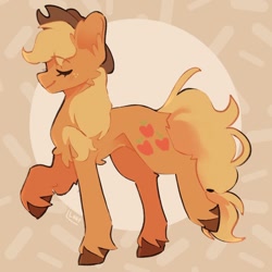 Size: 1080x1080 | Tagged: safe, artist:loaf, applejack, earth pony, pony, g4, abstract background, applejack's hat, chest fluff, concave belly, cowboy hat, cute, eyes closed, female, hat, jackabetes, leg fluff, mare, raised hoof, raised leg, signature, smiling