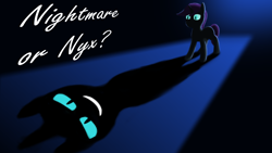 Size: 4000x2250 | Tagged: safe, artist:enteryourponyname, nightmare moon, oc, oc only, oc:nyx, alicorn, pony, fanfic:nightmare or nyx?, fanfic:past sins, black background, fanfic art, female, filly, foal, shadow, simple background, solo, standing, text